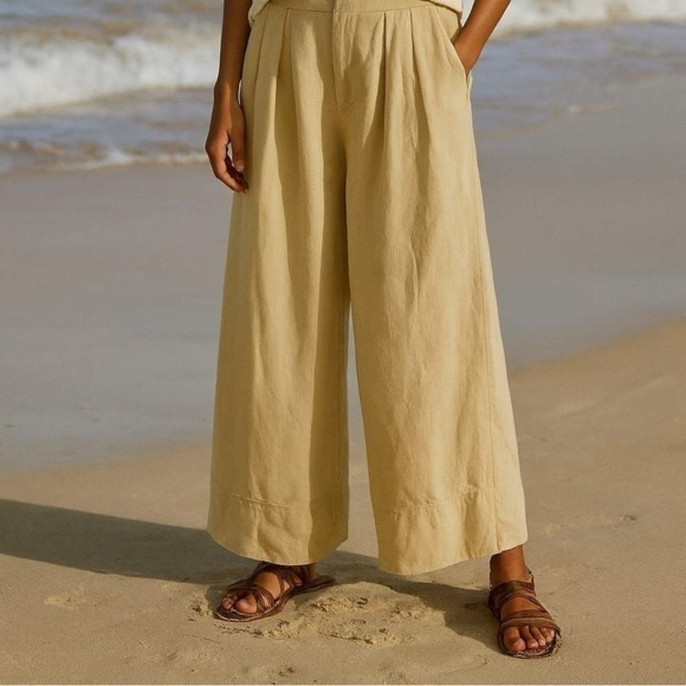 Free people beach light khaki Roxanne blossom cotton wide leg pleated pants